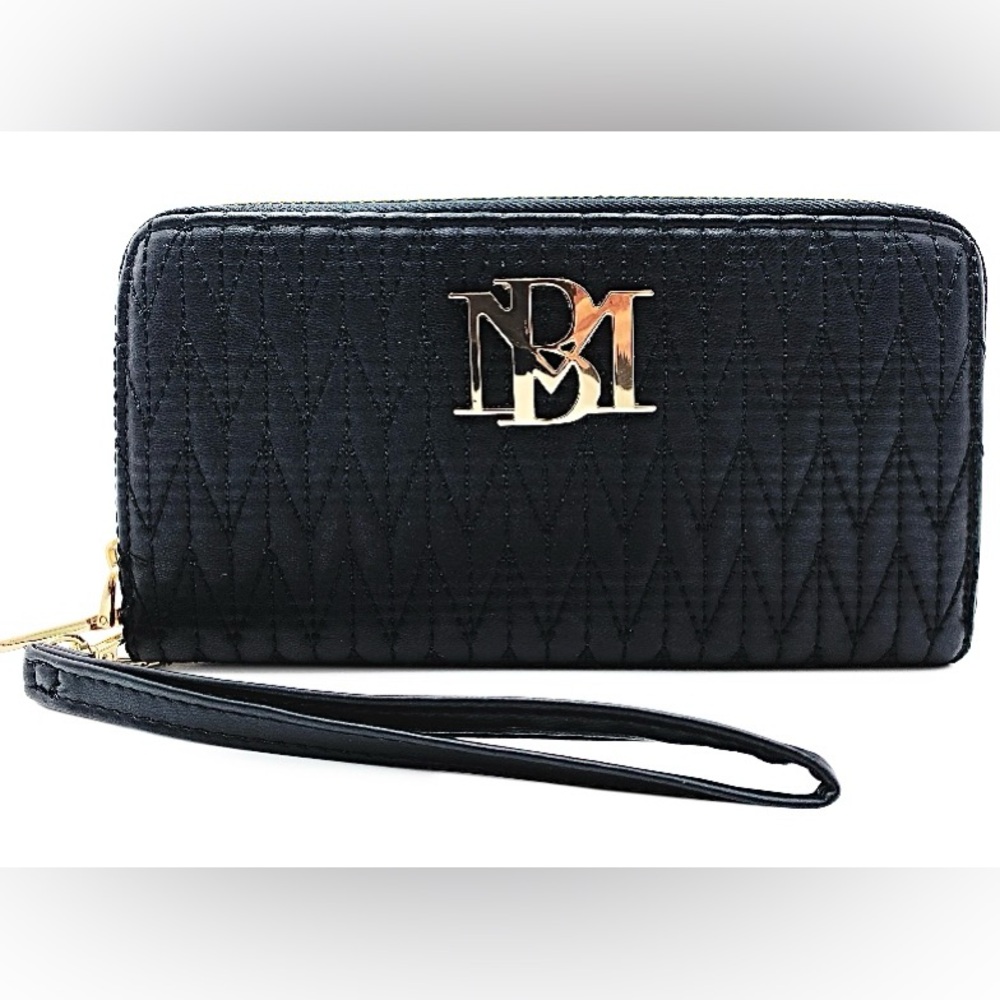 Badgley Mischka Black Detail Quilted Long Wallet with Wristlet